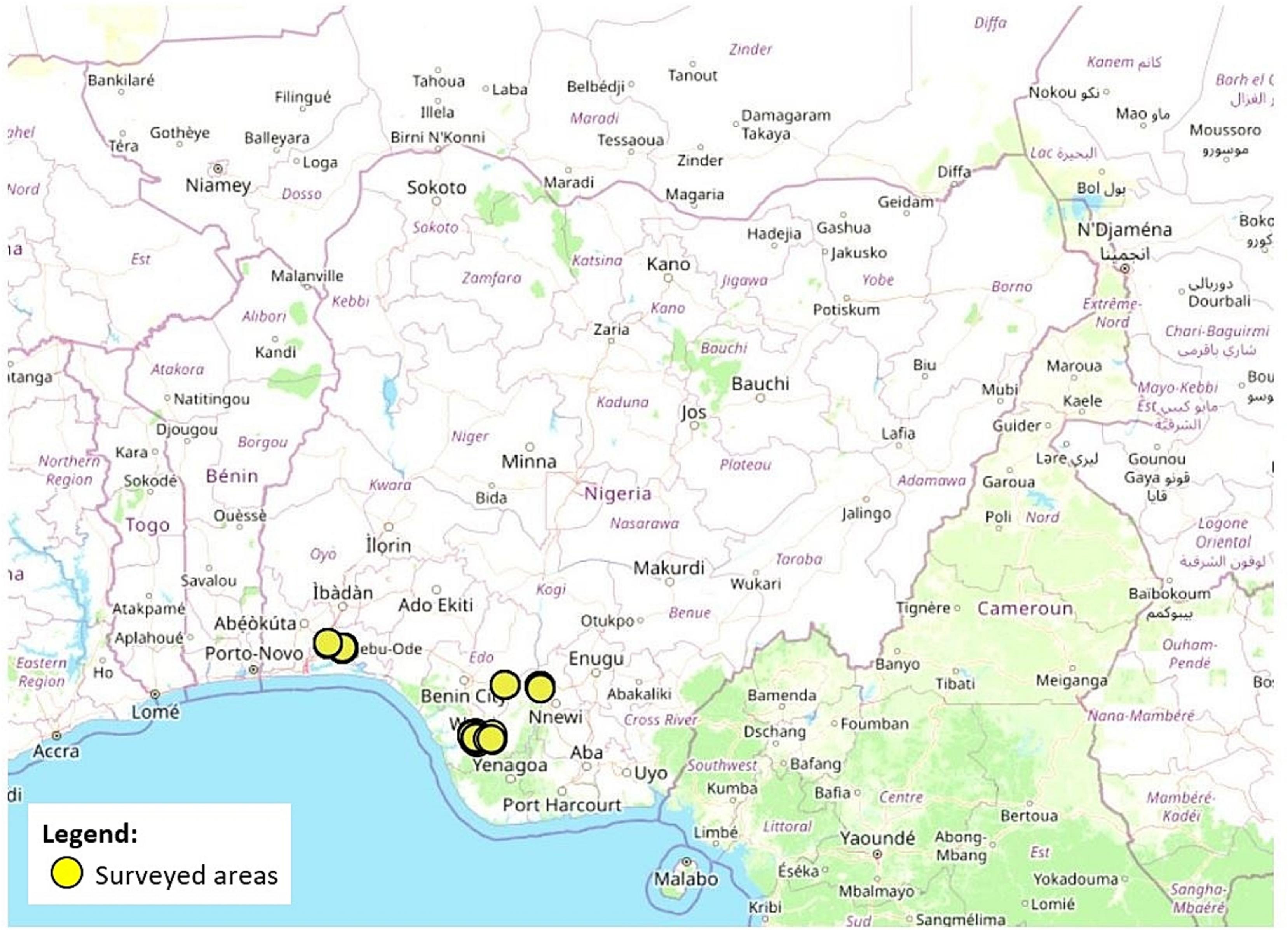  A map with locations of sites surveyed using the Fish Epidemiology and Health Economics tool (version 1.13) in Ogun and Delta States, Nigeria.