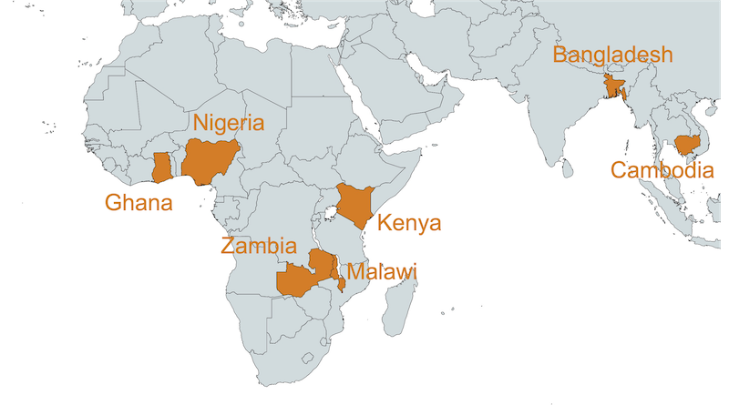 Map highlighting Ghana, Nigeria, Zambia, Malawi, Kenya, Bangladesh, and Cambodia in orange