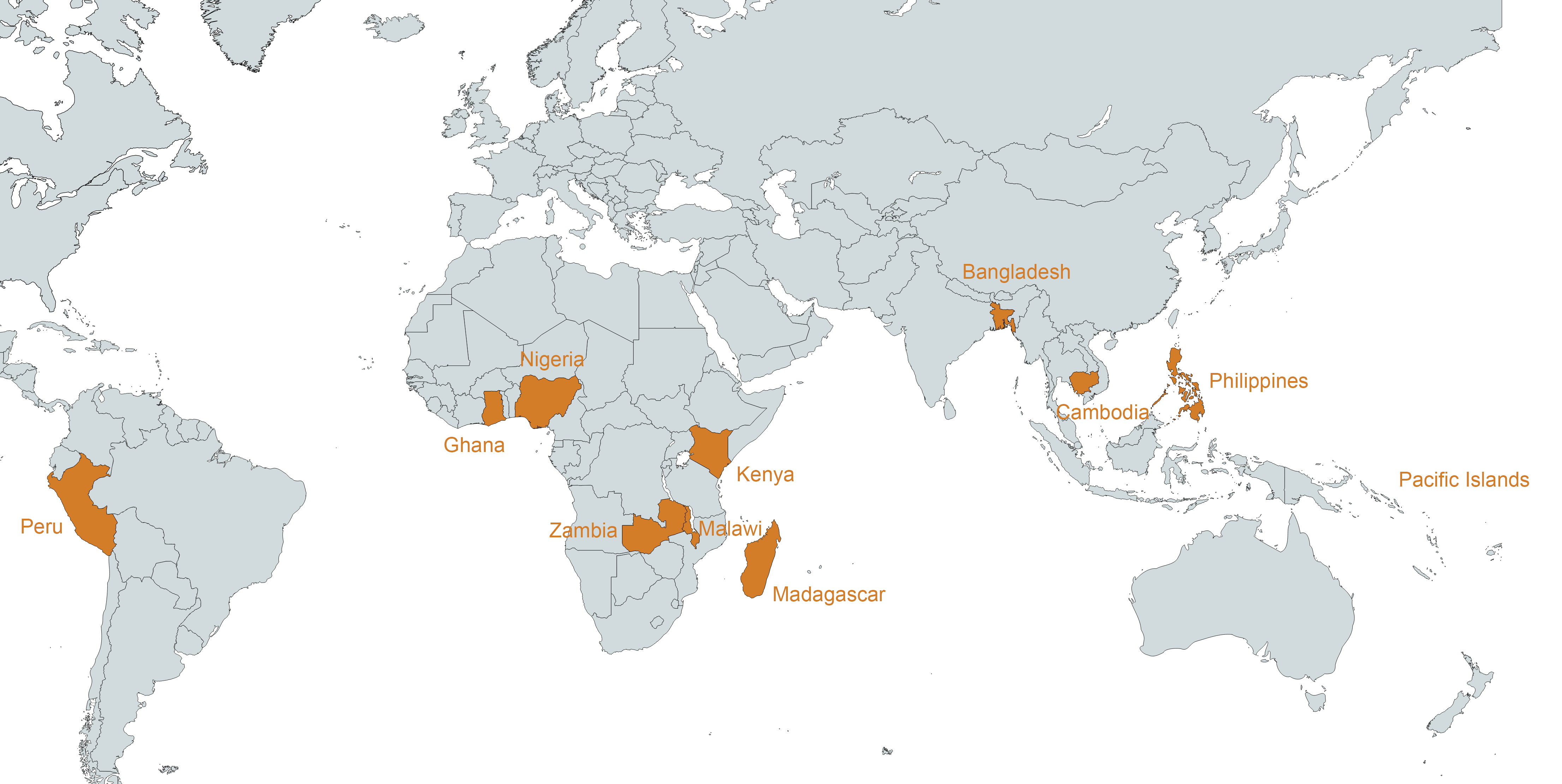 World map with the following countries highlighted in orange: Peru, Ghana, Nigeria, Zambia, Malawi, Madagascar, Kenya, Bangladesh, Cambodia, Philippines