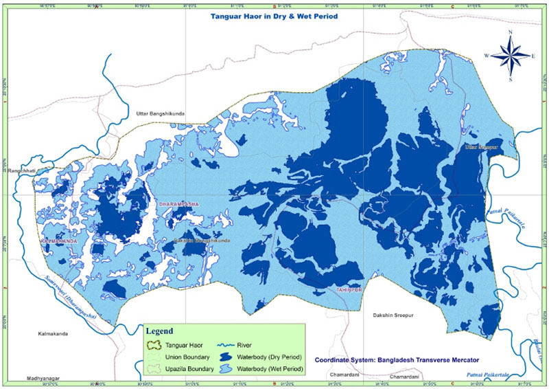 Figure 2. Map of Tanguar Haor in dry and wet seasons (IWM, 2020).