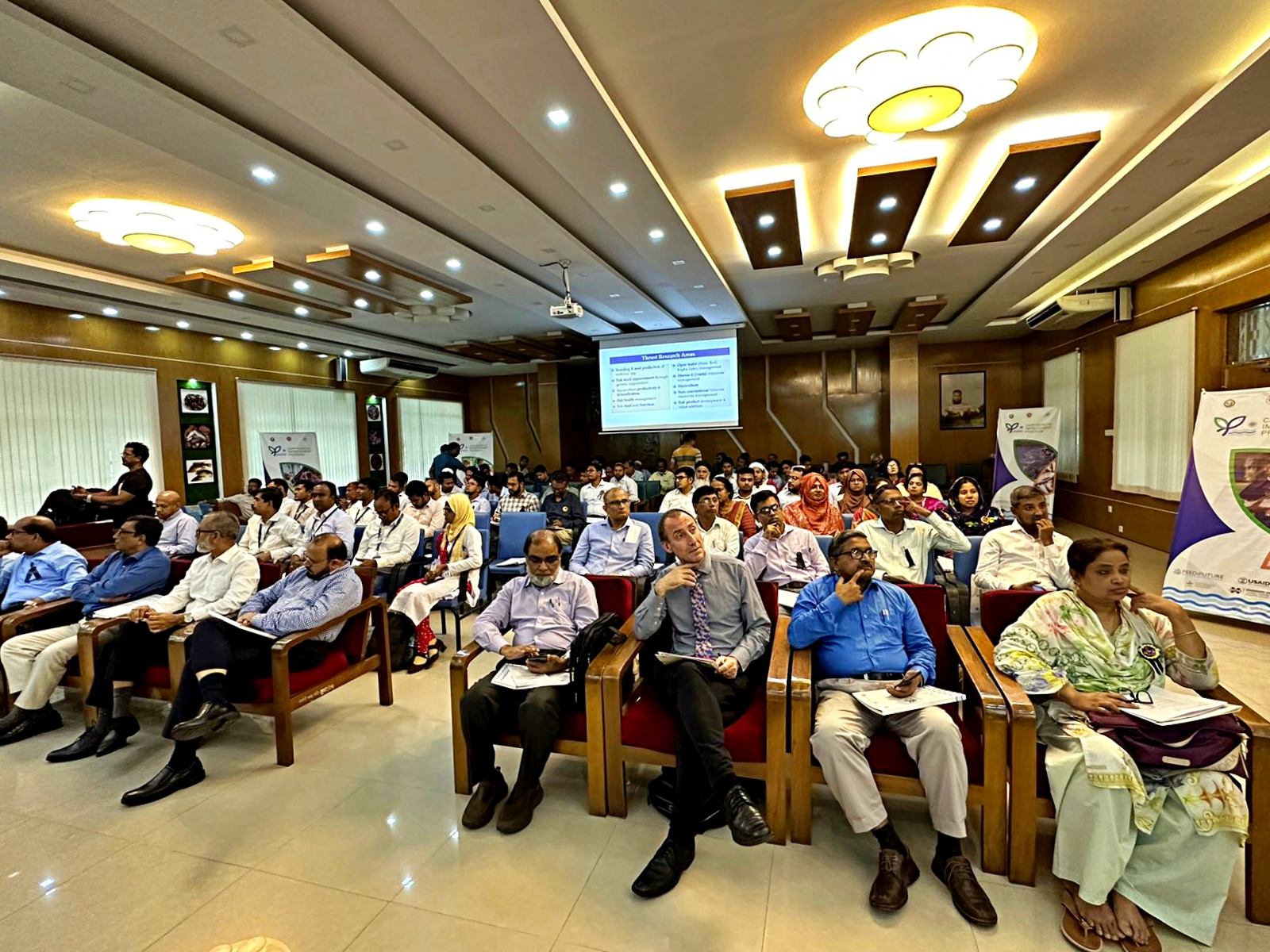 The audience of the Carp Genetic Improvement Program workshop at BFRI auditorium, Mymensingh, included over 140 participants.