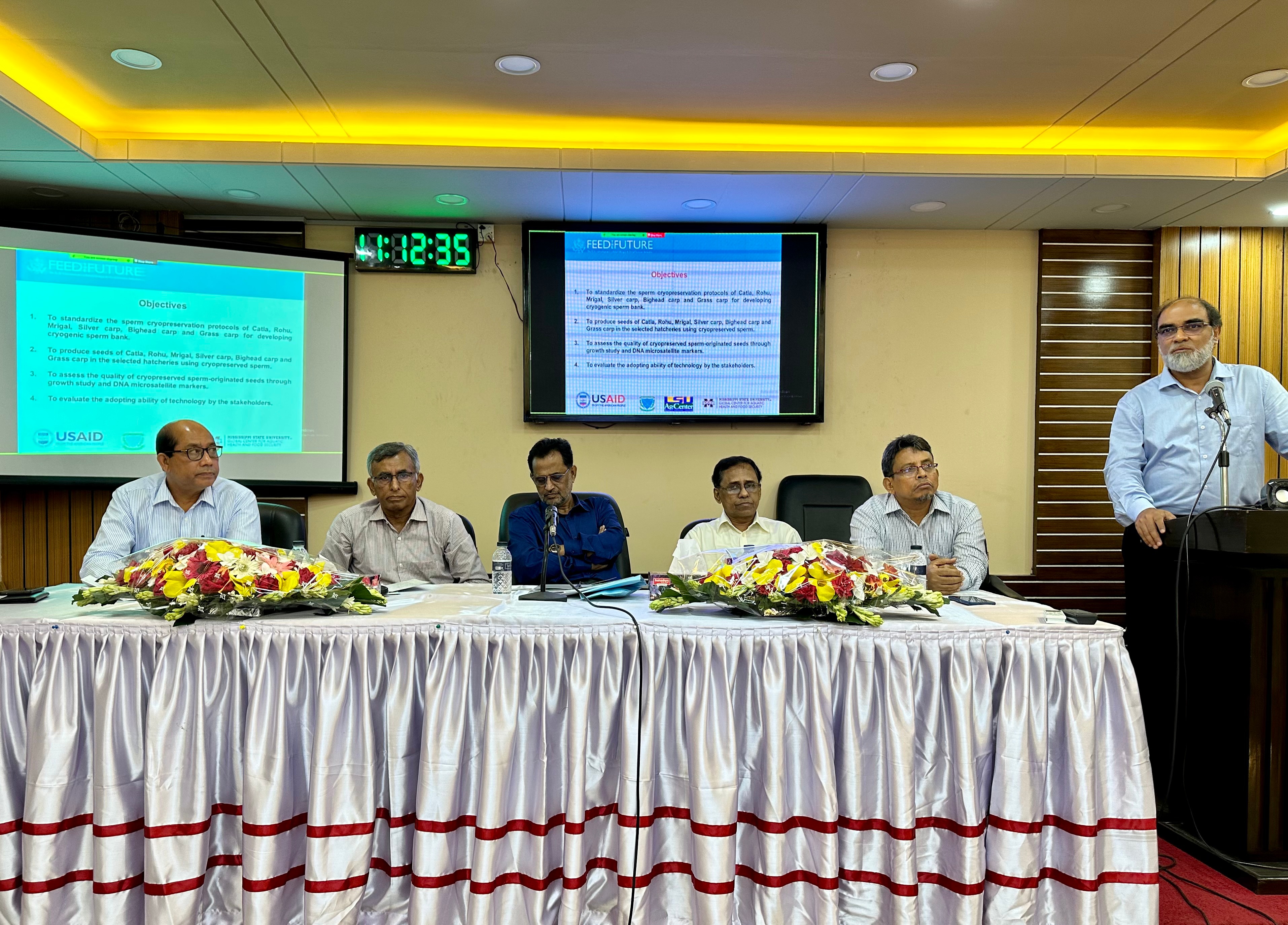 Presentation of Rafiqul Islam Sarder, PI of the project on the theme of final workshop on FIL Cryogenic sperm banking of Indian major carps and exotic in Dhaka, Bangladesh.