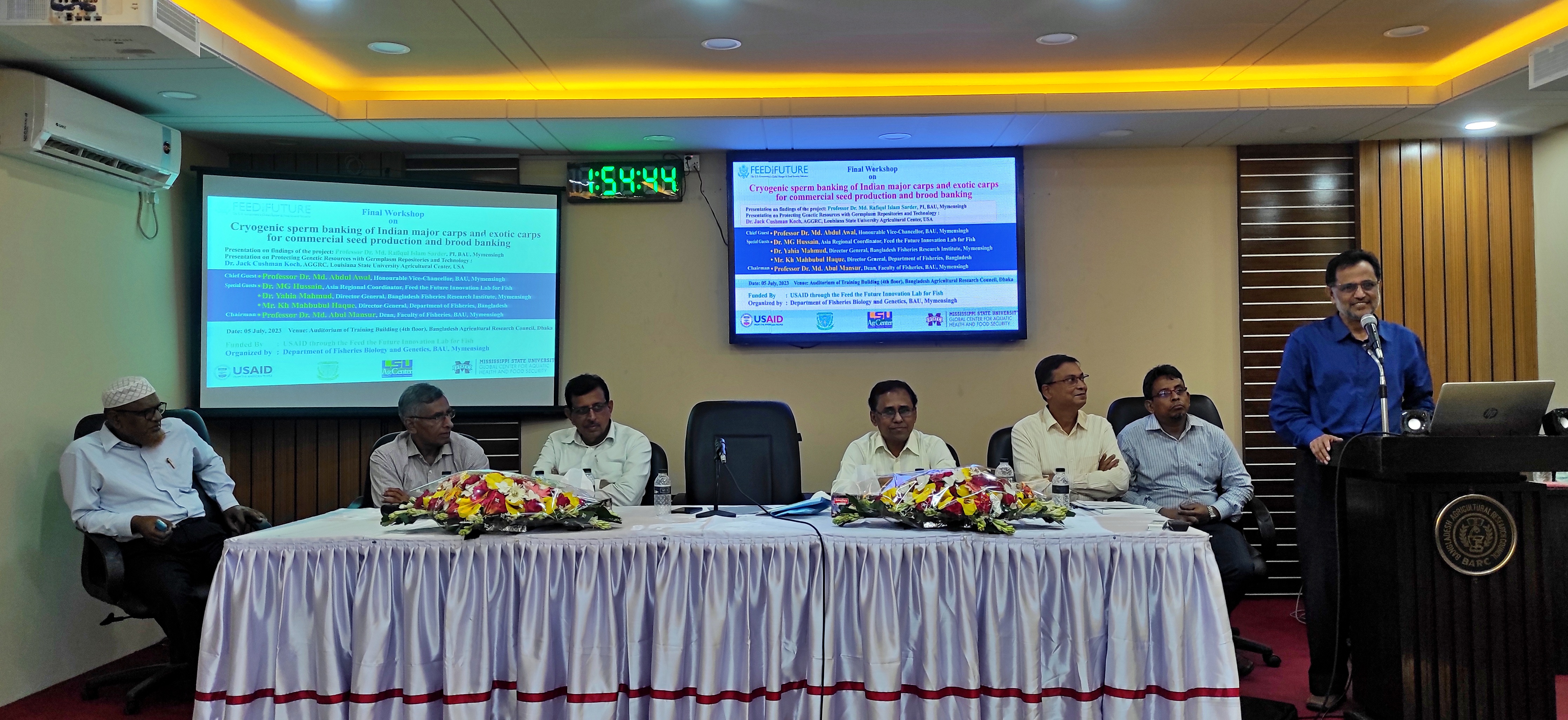 Md. Abdul Awal, vice-chancellor of BAU, addressing as the chief guest the of the final workshop on cryogenic sperm banking of Indian major carps and exotic in Dhaka, Bangladesh.