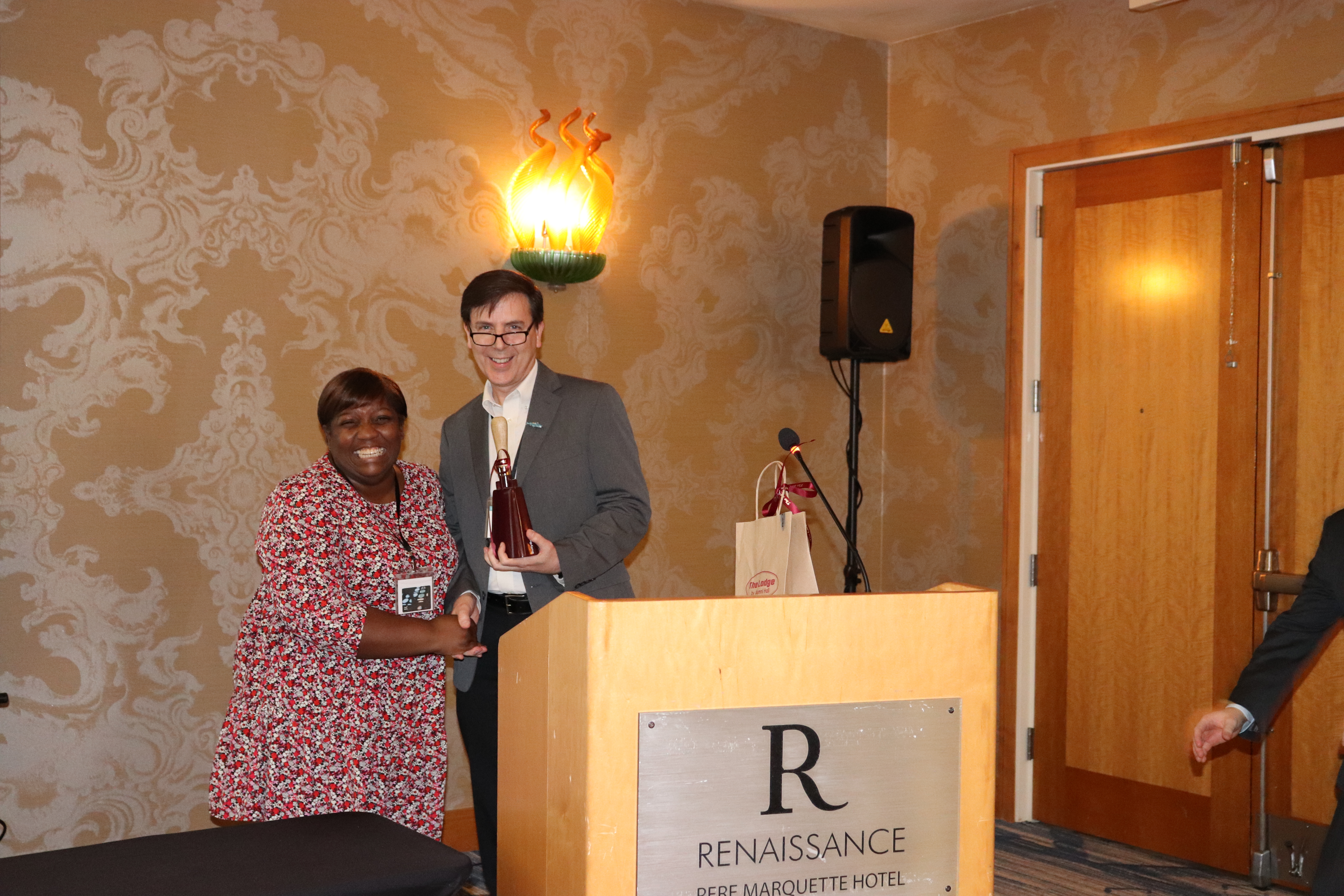 Mark Lawrence (right) thanked Shauncey Hill (left) for all she has done for the Fish Innovation Lab the last few years. Hill is the heart and soul of the lab, and her passion and hard work is much to thank for the Fish Innovation Lab's successes.