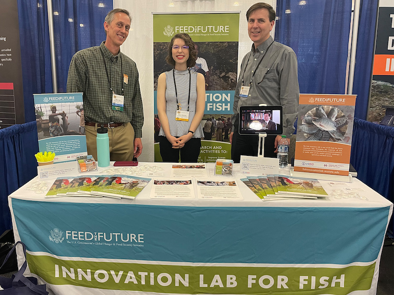 From left to right, Productivity Frontier Specialist Peter Allen, Communications Specialist Alaina Dismukes, and Director Mark Lawrence at the Fish Innovation Lab booth