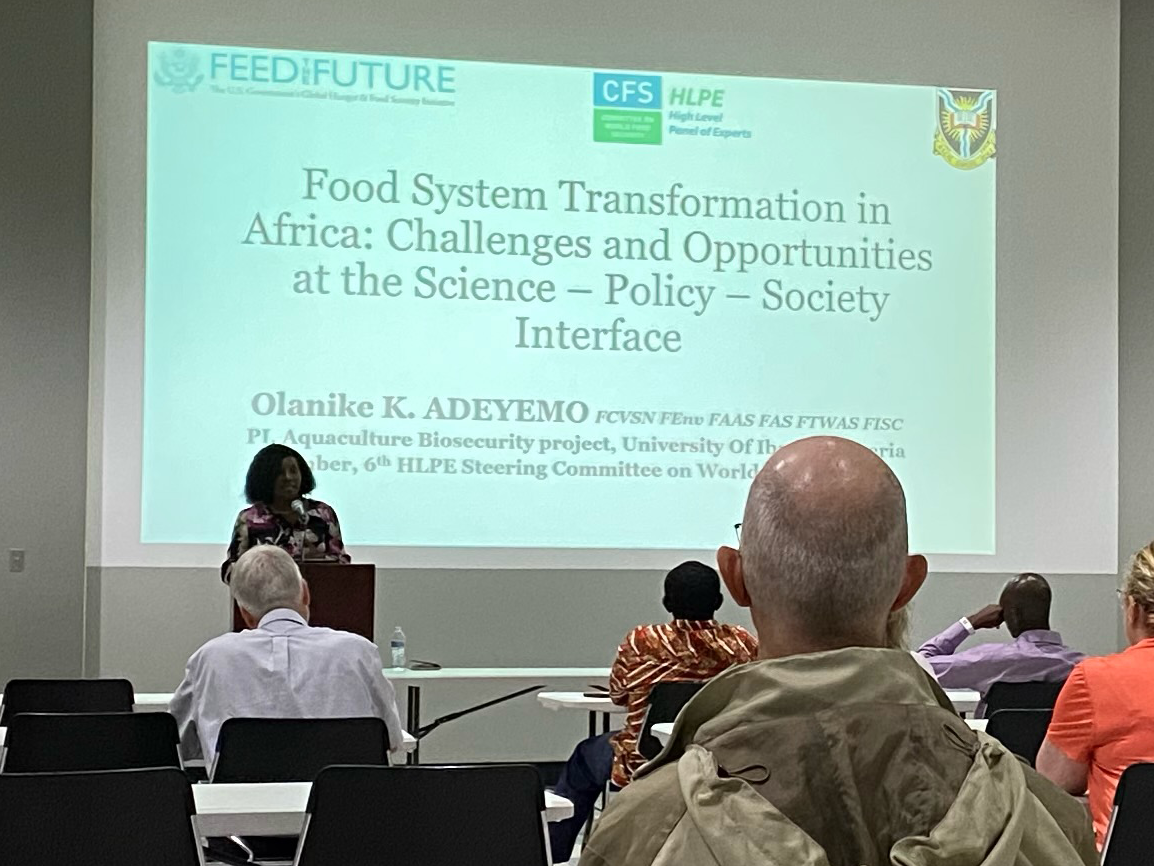 A woman stands in front of a projection screen reading "Food System Transformation in Africa: Challenges and Opportunities at the Science-Policy-Society Interface"