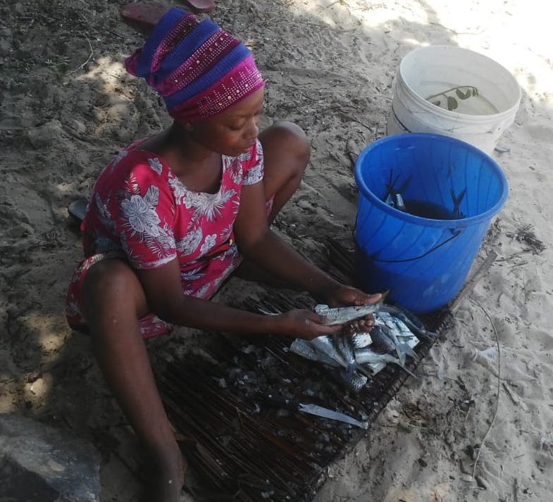 Mama Karanga processing (descaling, cleaning insides and cutting into pieces) fish at Uyombo landing site