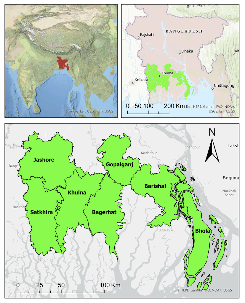 a picture of a map of Bangladesh with the seven districts within the study area highlighted