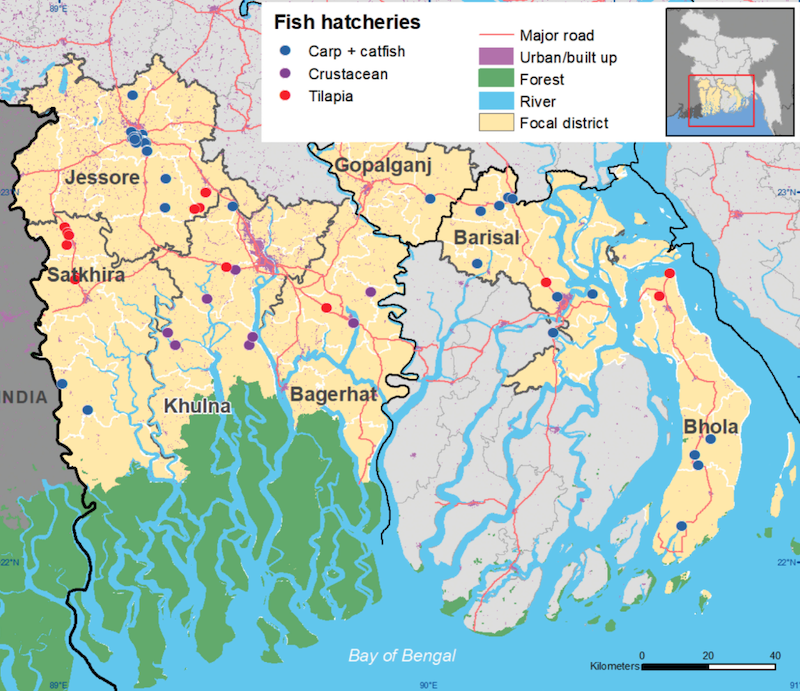 a map of locations of surveyed hatcheries in Southern Bangladesh