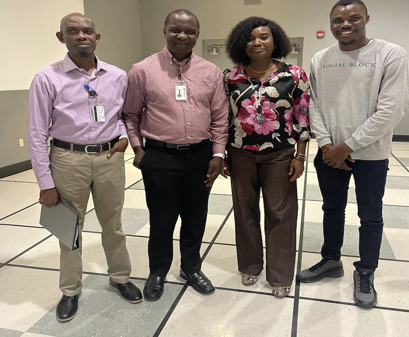 From left, Selim Alarape, Oluwasanmi Aina, Olanike Adeyemo, and Seto Ogunleye are at the BOST Conference Centre at Mississippi State University. Photo by Larry Hanson