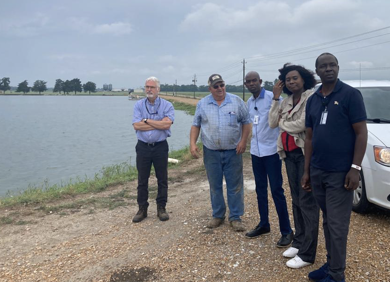 From left, Larry Hanson, a fish farmer, Selim Alarape, Olanike Adeyemo, and Oluwasanmi Aina toured a catfish farm in Mississippi. Photo by Mark Peterman