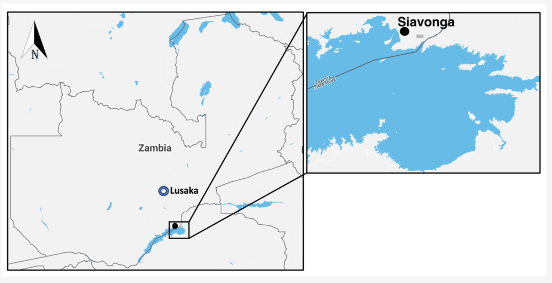 Map of Zambia with an insert of the northern region of Lake Kariba where Siavonga, the study area, is located.