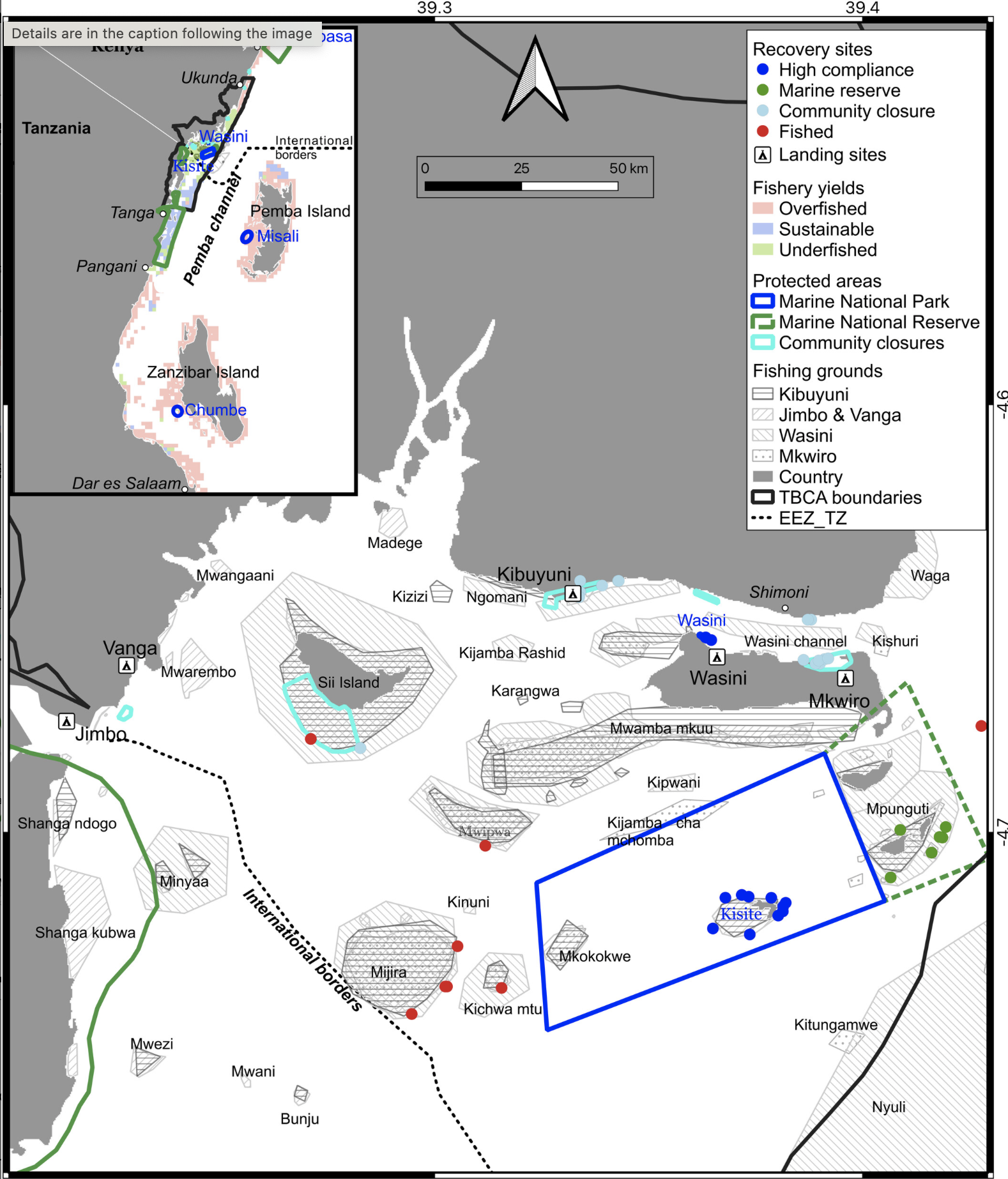 Map showing location of fishing communities and their fishing grounds used to estimate stocks, yields, and fishing areas by management systems. Inset shows locations of various fisheries closures used to estimate fish stocks and recovery rates in the southern Kenya–Northern Tanzanian region.